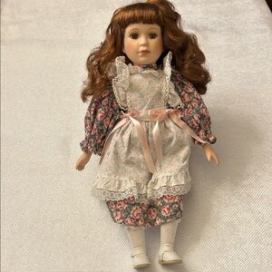 Floral Dress Porcelain Doll with Brown Hair